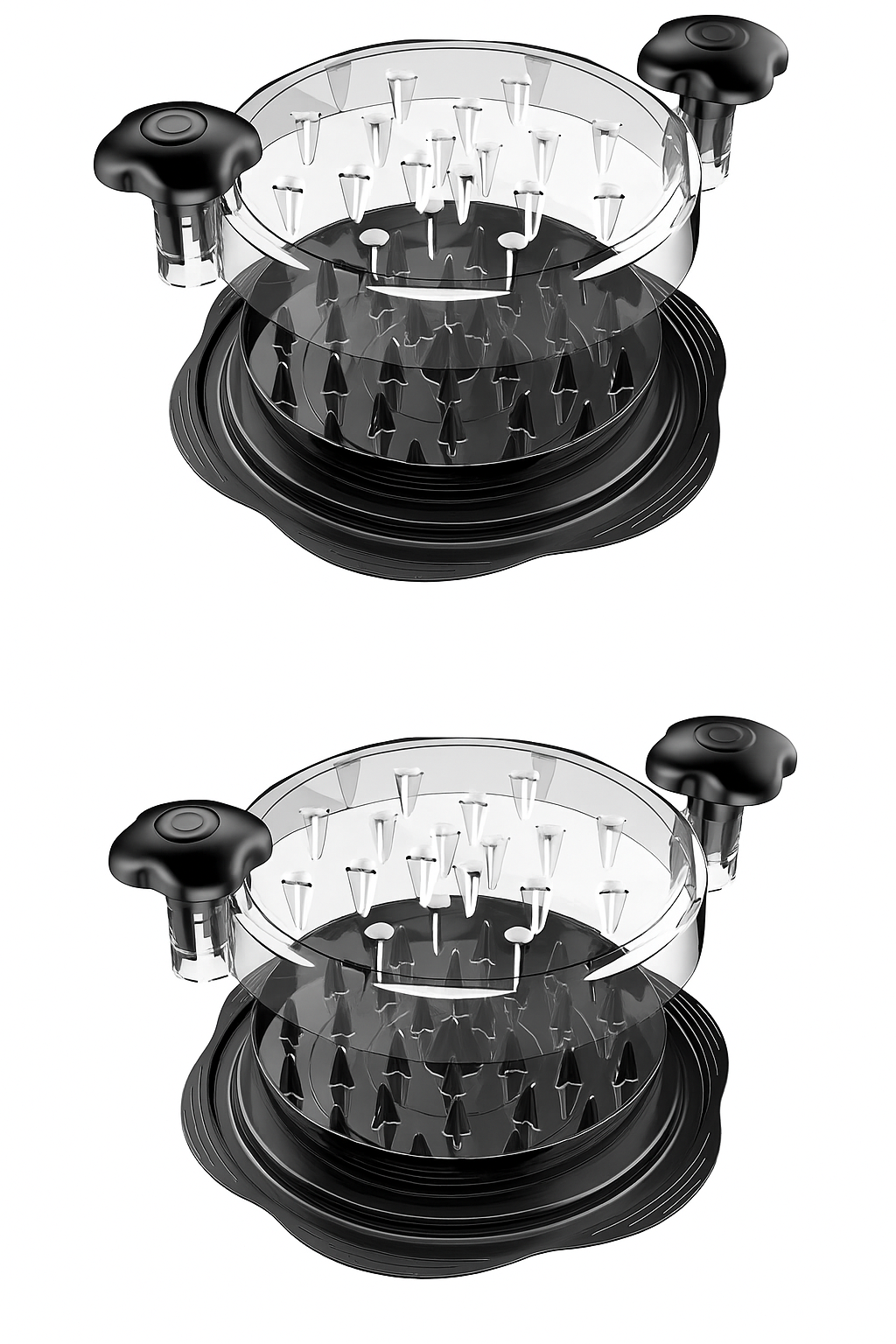 Two Uppxy™ 3-in-1 kitchen shredders shown on a white background, used for shredding chicken, beef, pork, and vegetables. Modern and durable food preparation tool.